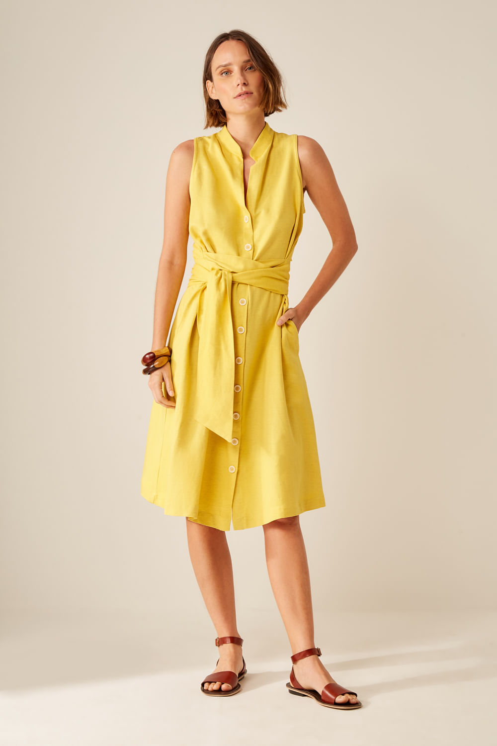 Vestido Chemise C/ Faixa - Amarelo Lazz