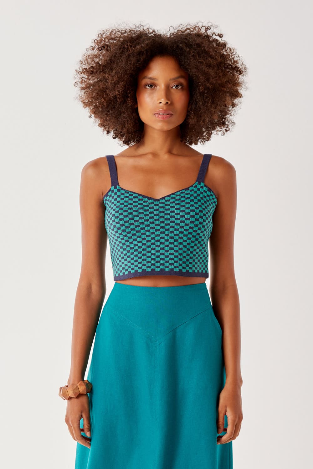 Top Tricot Alça Quadriculado - Azul Feitico e Azul Encanto