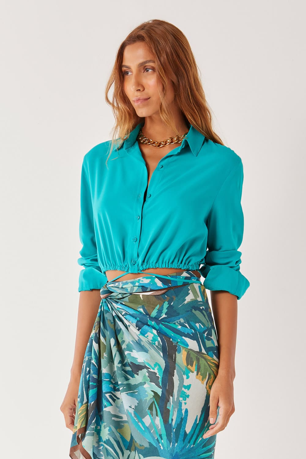 Camisa Lisa Cropped Amarração - Azul Mistico