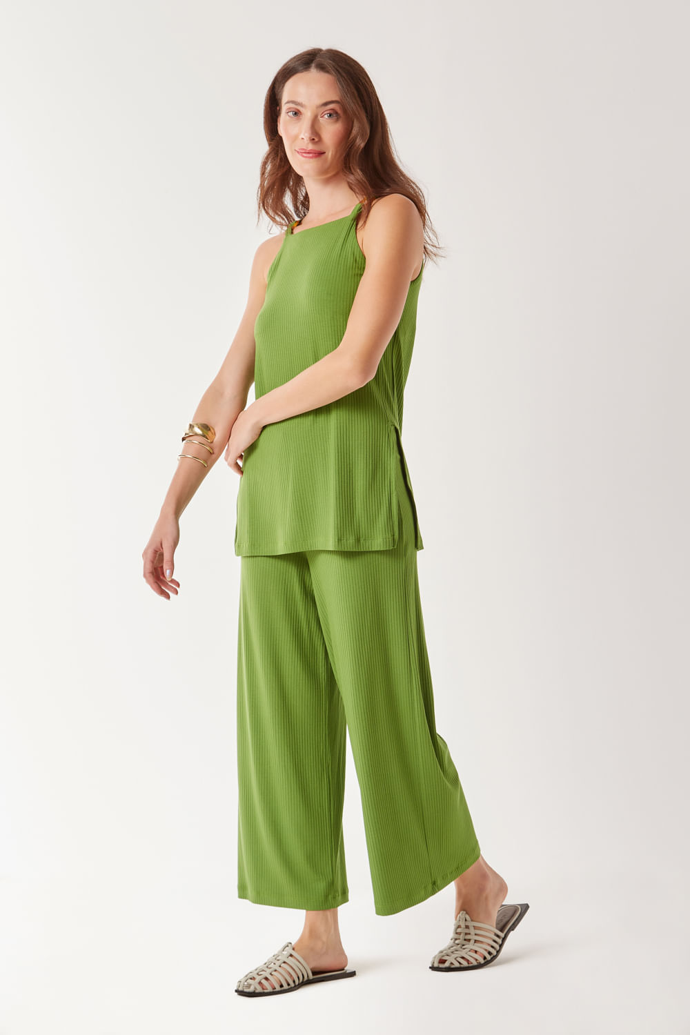 Calça Malha Canelada Pantalona - Verde Talisma