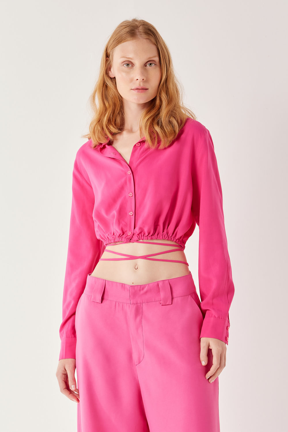 Camisa Lisa Cropped Amarração - Rosa Segredo