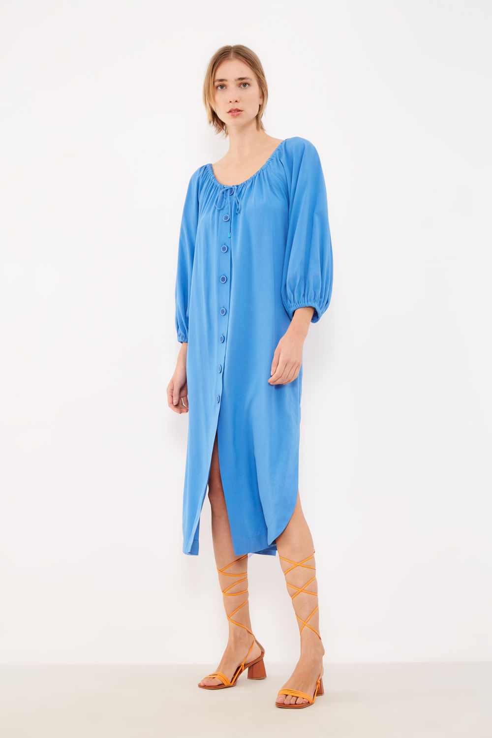 Vestido Midi Tricoline Botões - Azul Navegar