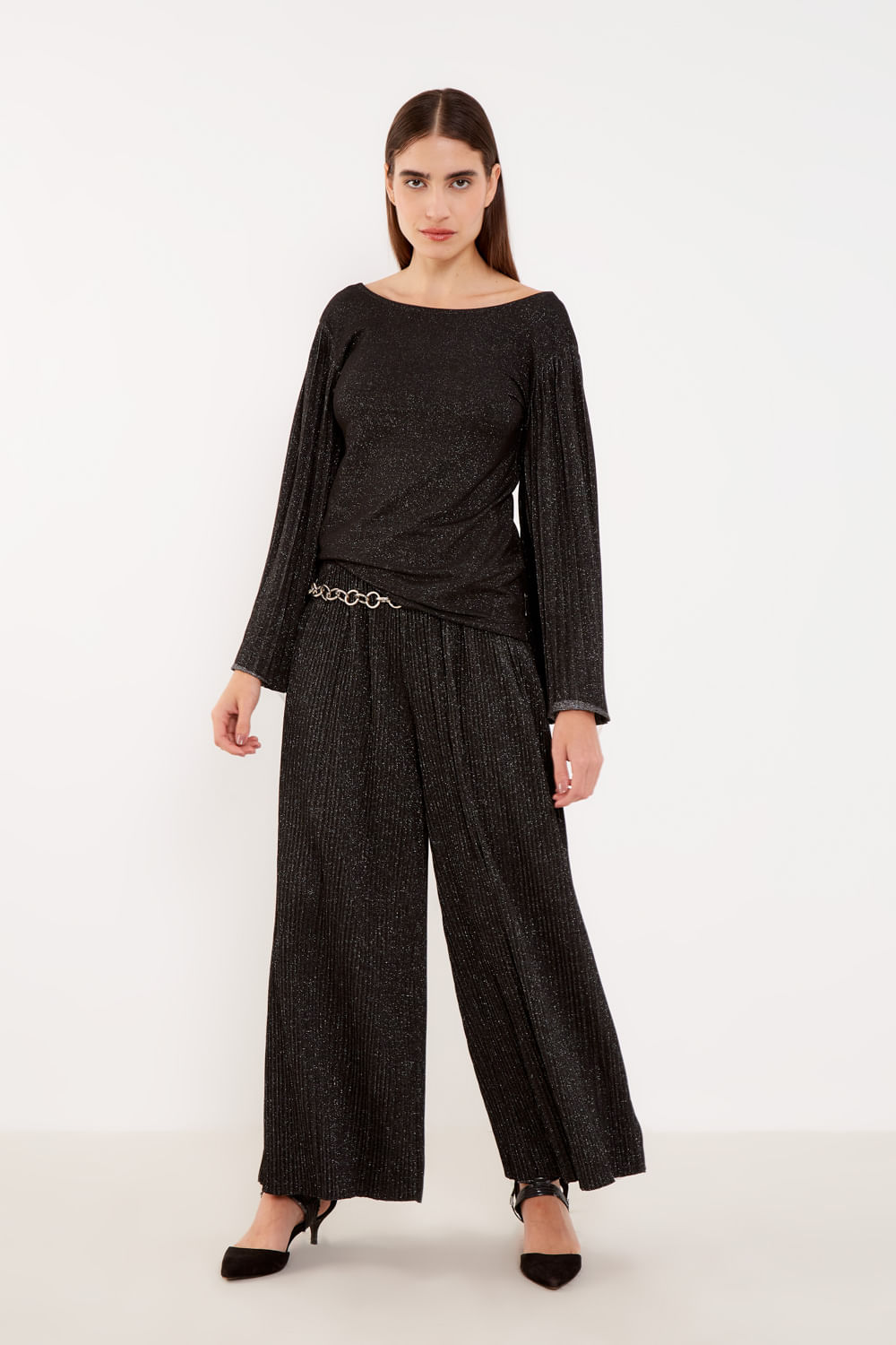 Blusa Malha Manga Plissada - Preto