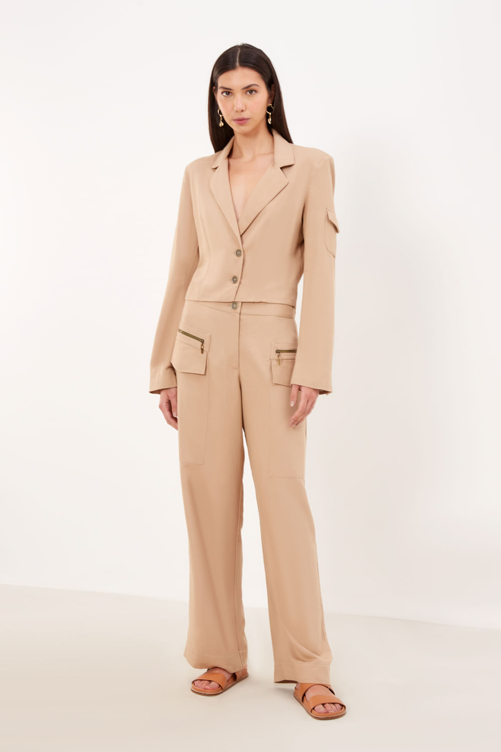 Blazer Cropped Utilitário - Caramelo Madeira