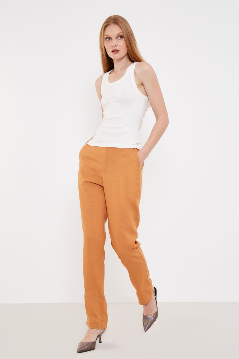 Calça Reta Basic Linho Casual i - Caqui Sand