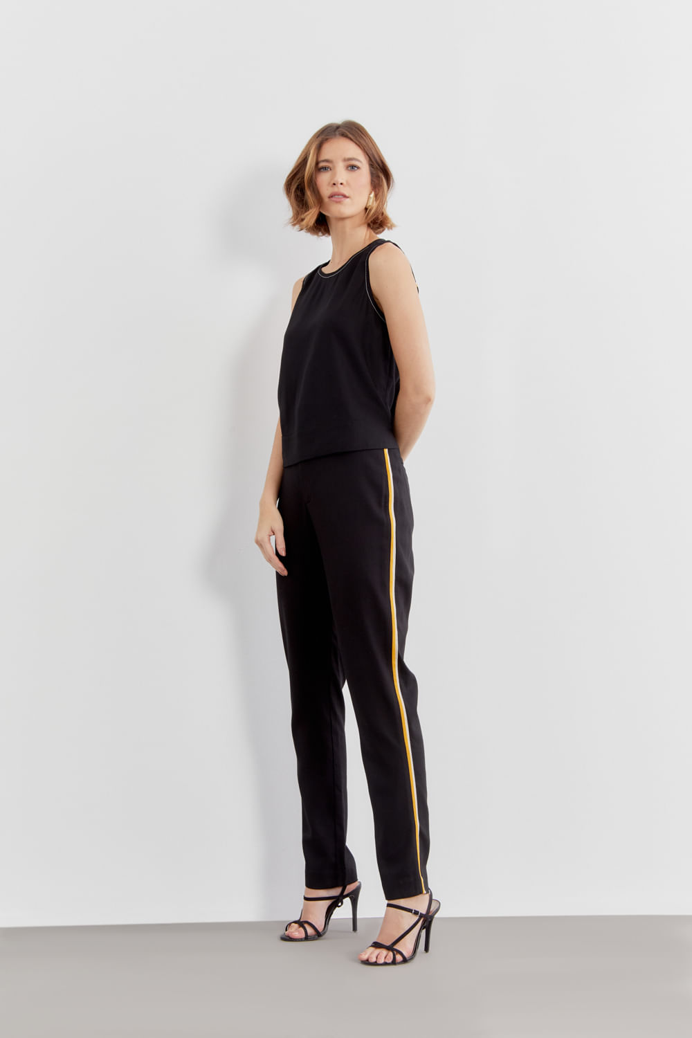 Calça Reta Tricolor Linho - Preto