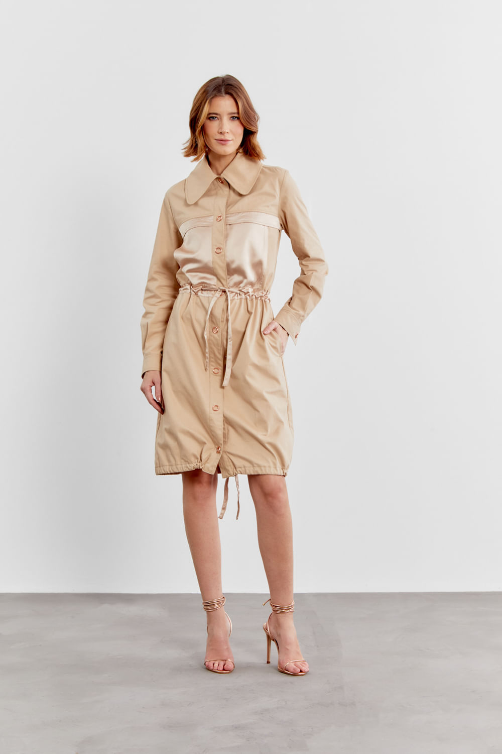Vestido Sarja Mix Tecidos - Areia