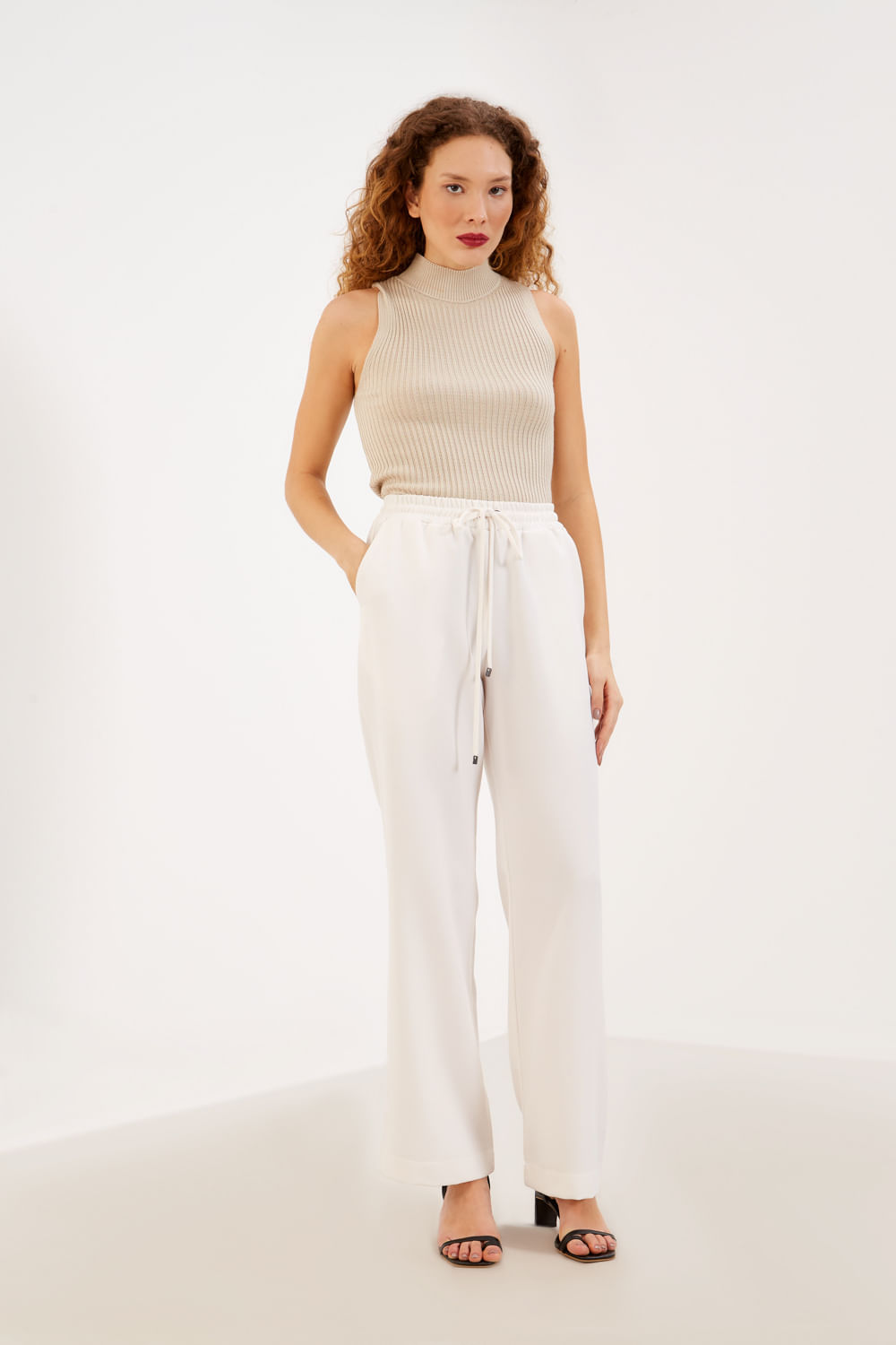 Calça Reta Cós Elástico - Off White