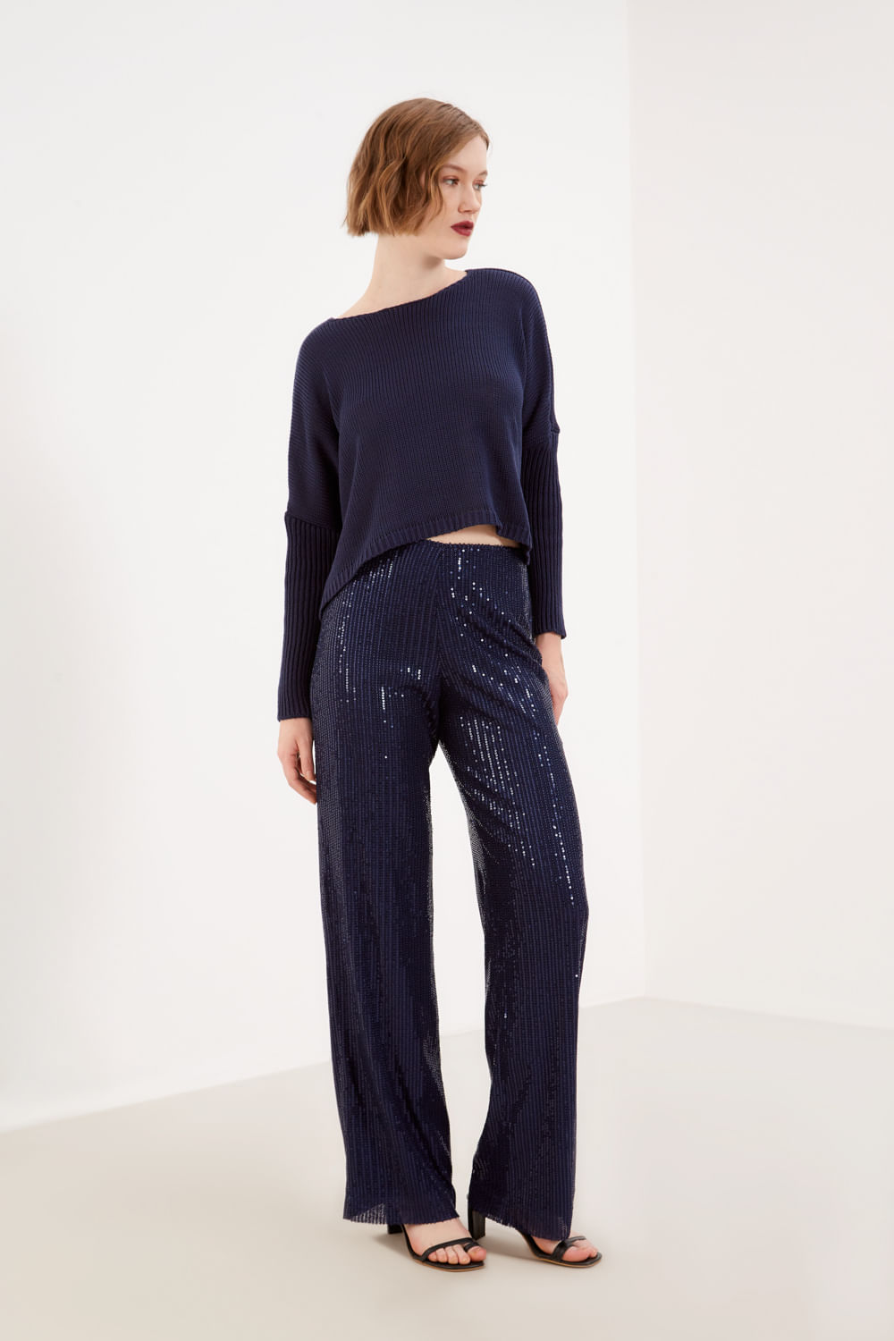 Calça Reta Paetê - Azul Netuno