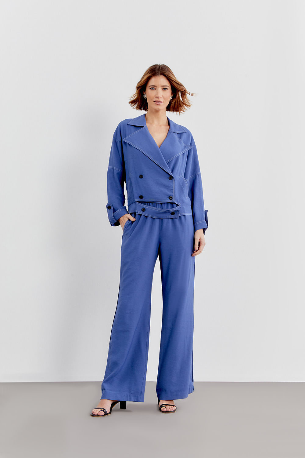 Calça Vivo Pesponto Pantalona - Azul Solido