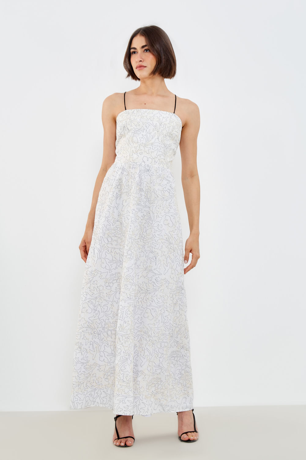 Vestido Longo Bordado Line - Off/Preto