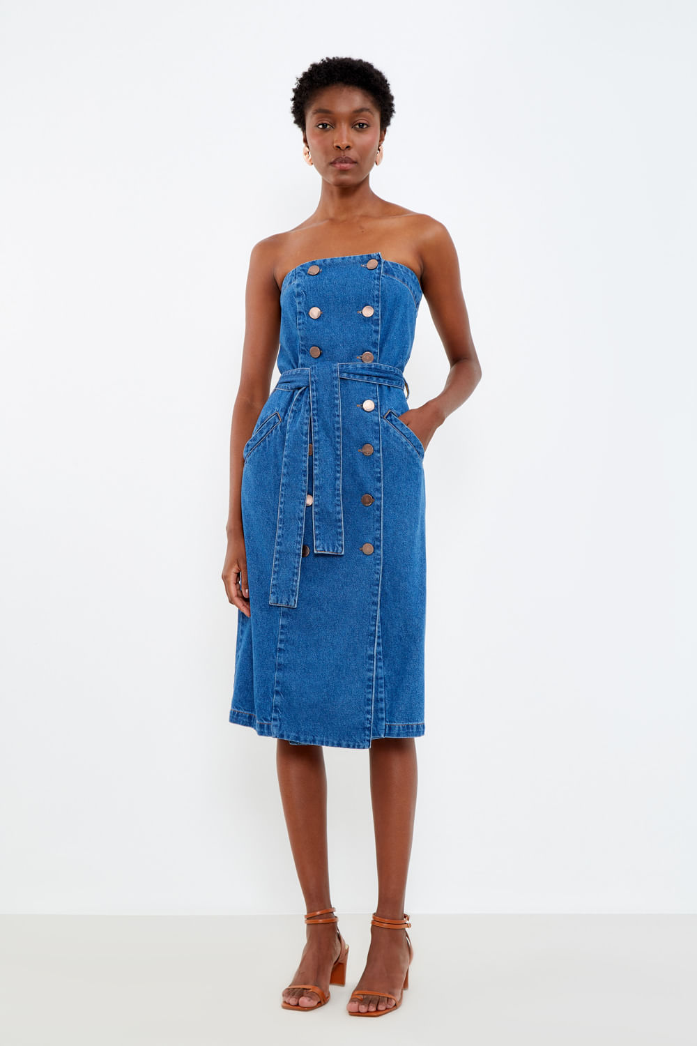 Vestido Sem Alças Botão Duplo - Jeans
