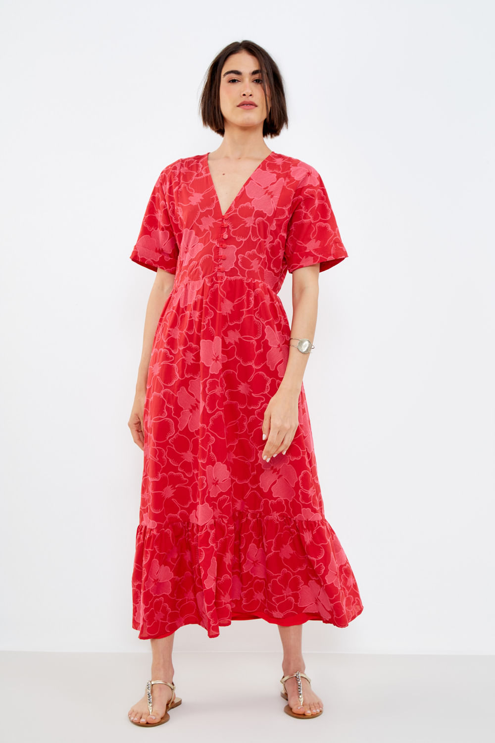 Vestido Midi Bordado Éden - Vermelho/Rosa