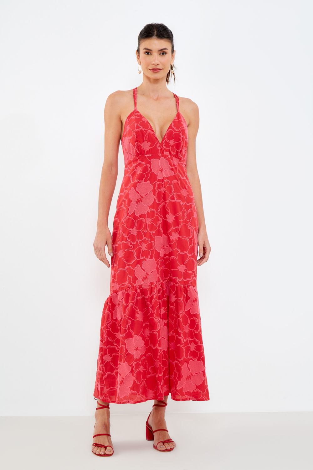 Vestido Midi Alça Bordado Éden - Vermelho/Rosa