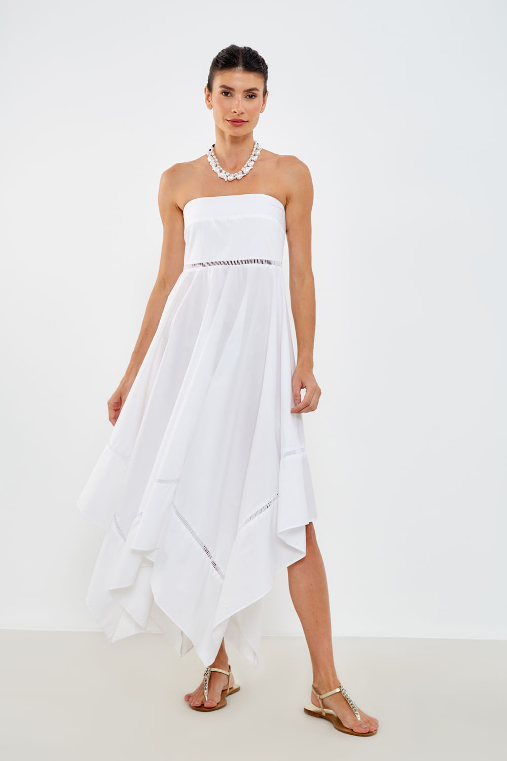 Vestido Midi Sem Alça Pontas - Off White