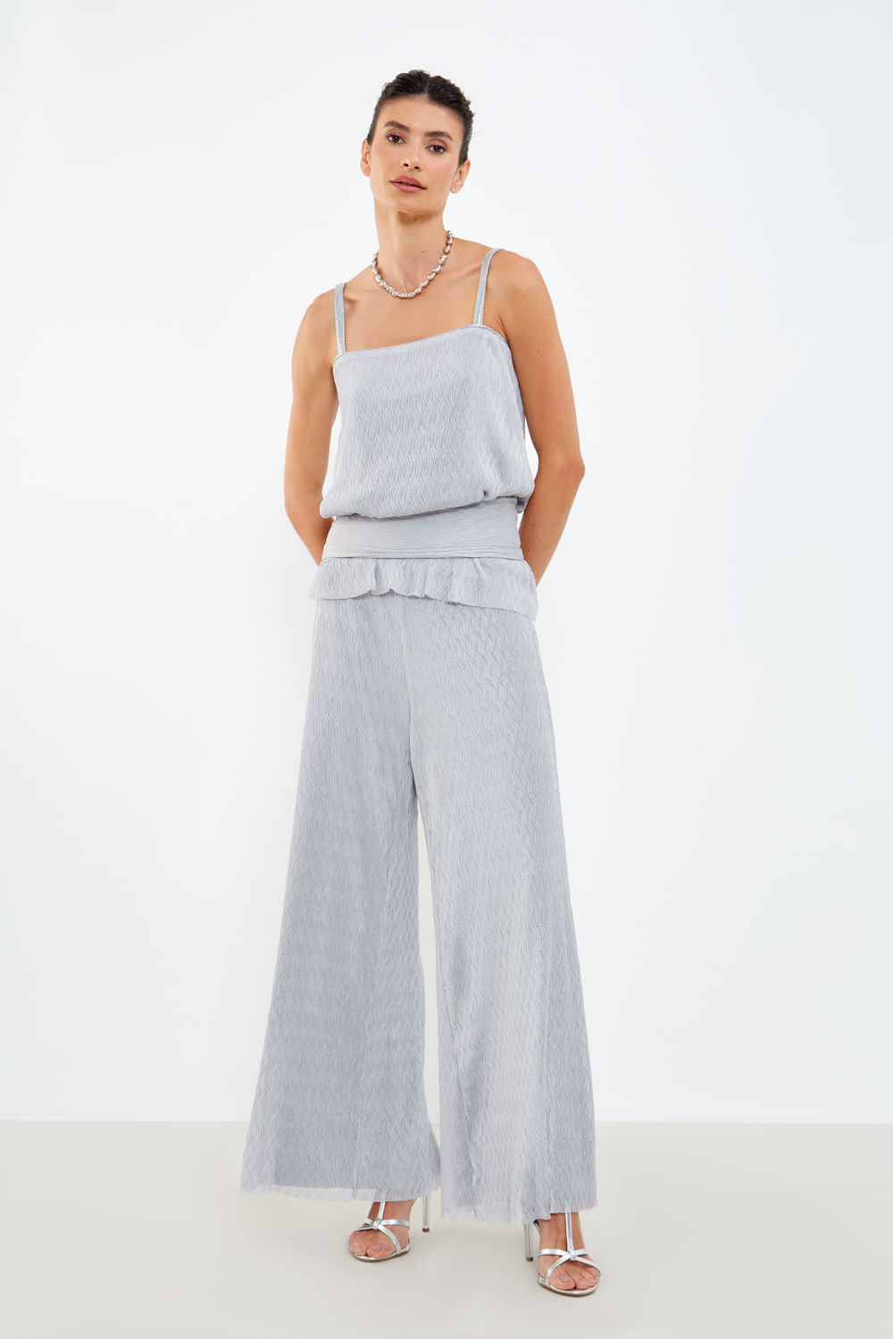 Blusa Malha Tule Plissado - Prata