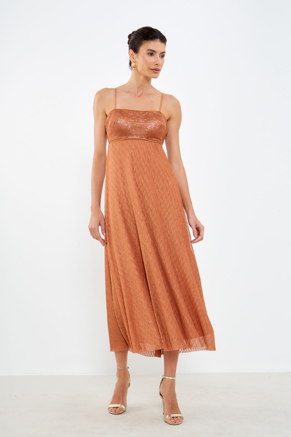 Vestido Malha Mix Shine - Bronze