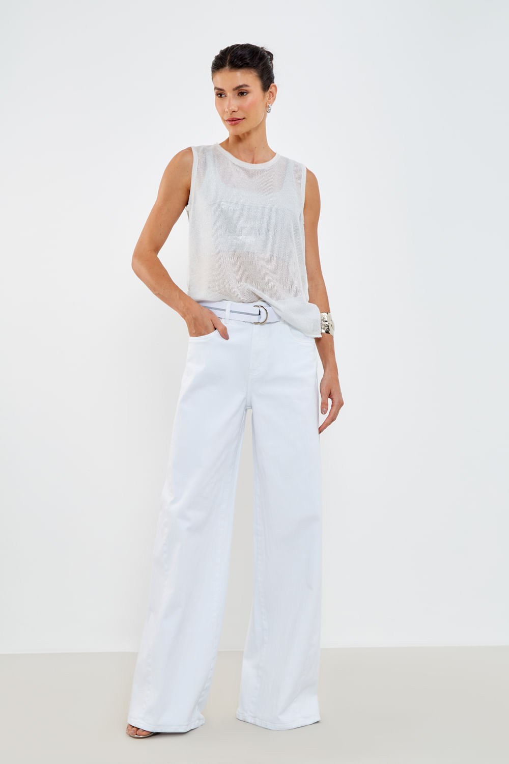 Calça Sarja Lateral Irregular - Branco