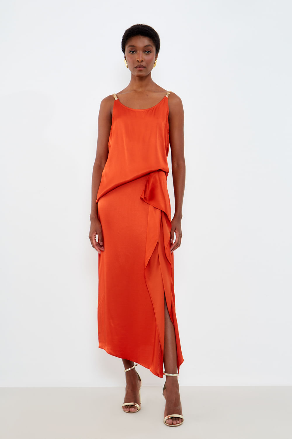 Saia Midi Babados Lateral - Laranja Terra