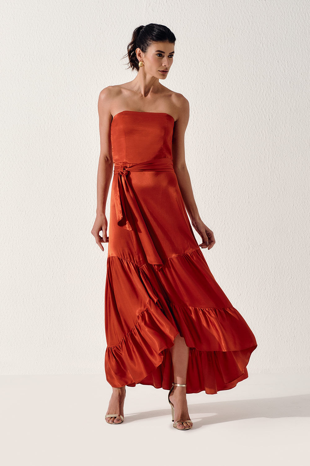 Vestido Longo Sem Alça Babado - Laranja Terra