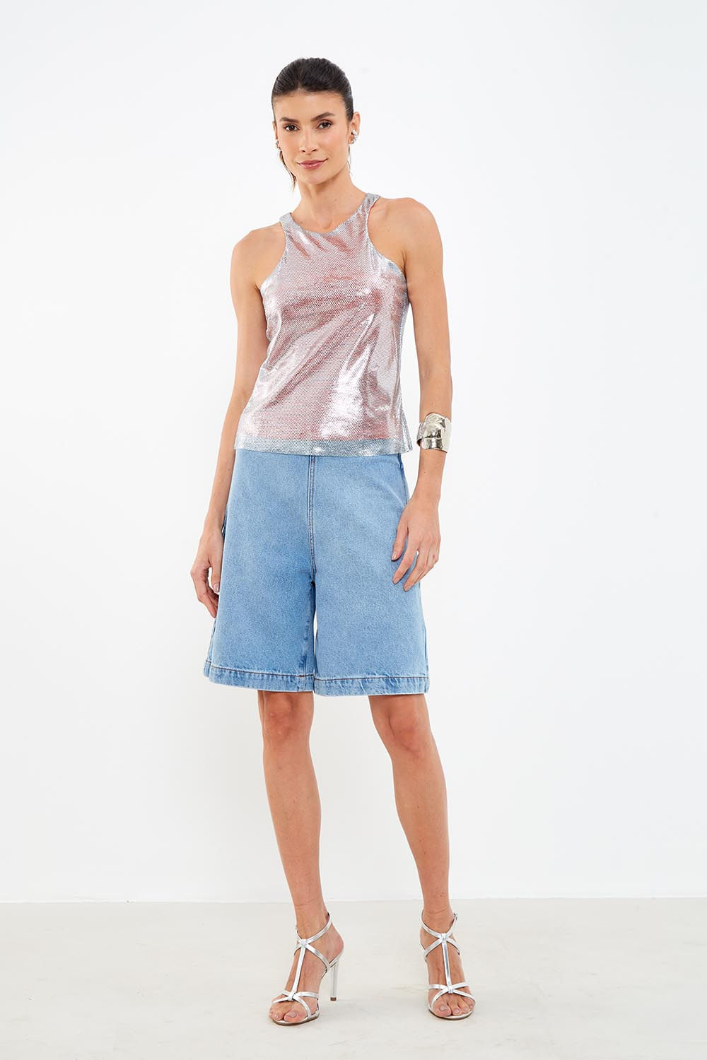 Regata Malha Tela Glossy - Prata
