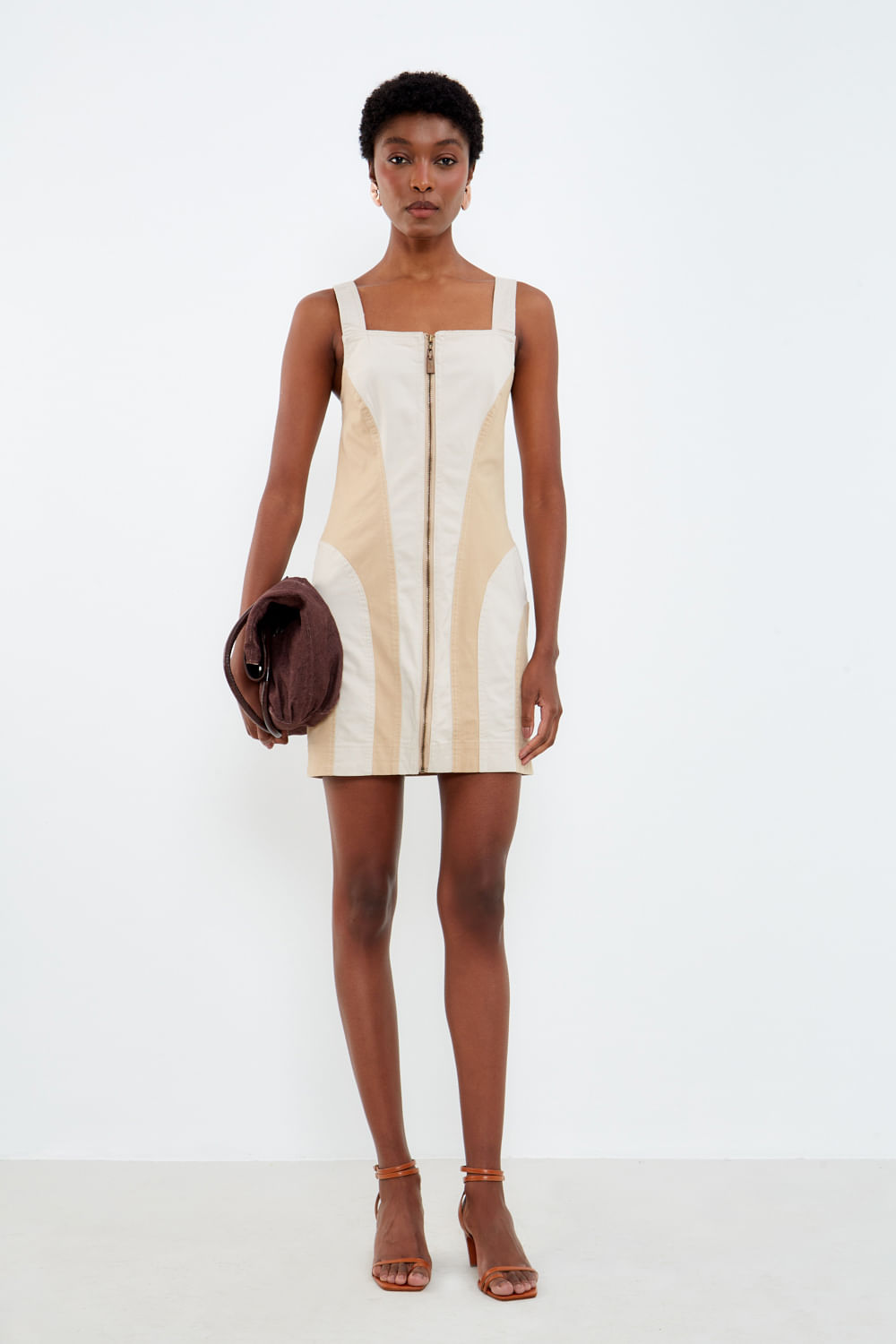 Vestido Sarja Bicolor - Bege