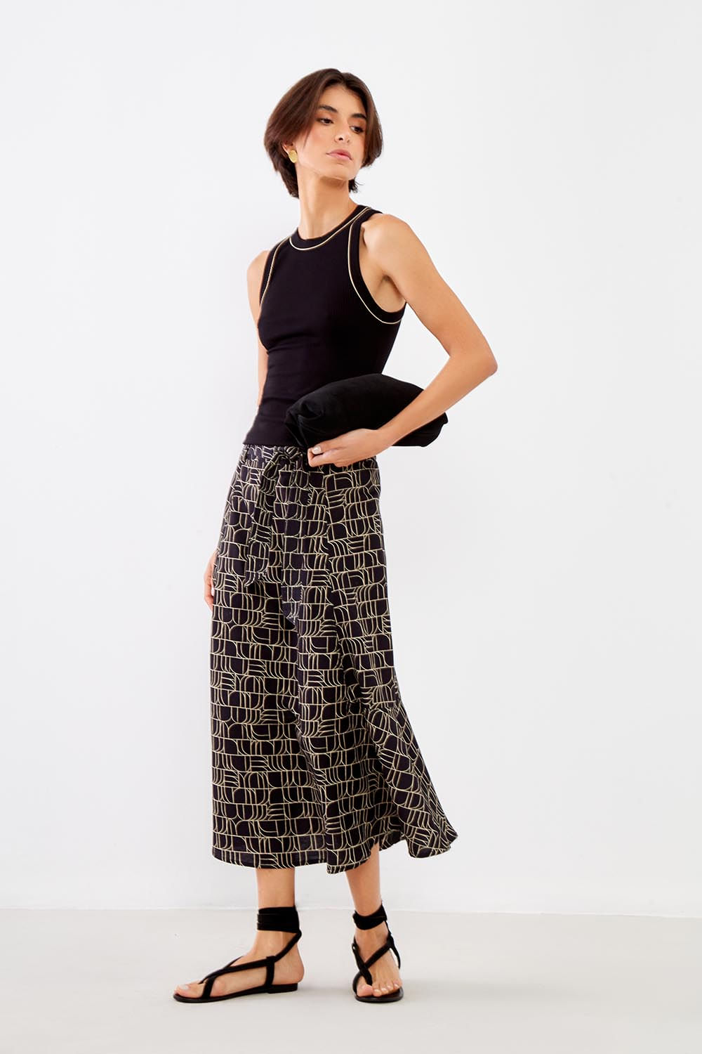 Saia Midi Estampa Sena Black - Est Sena Black