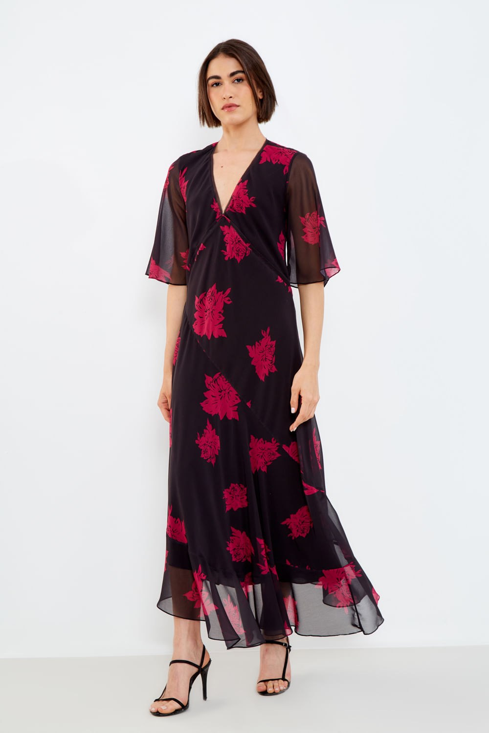 Vestido Midi Manga Estampa Peônia - Est Peonia