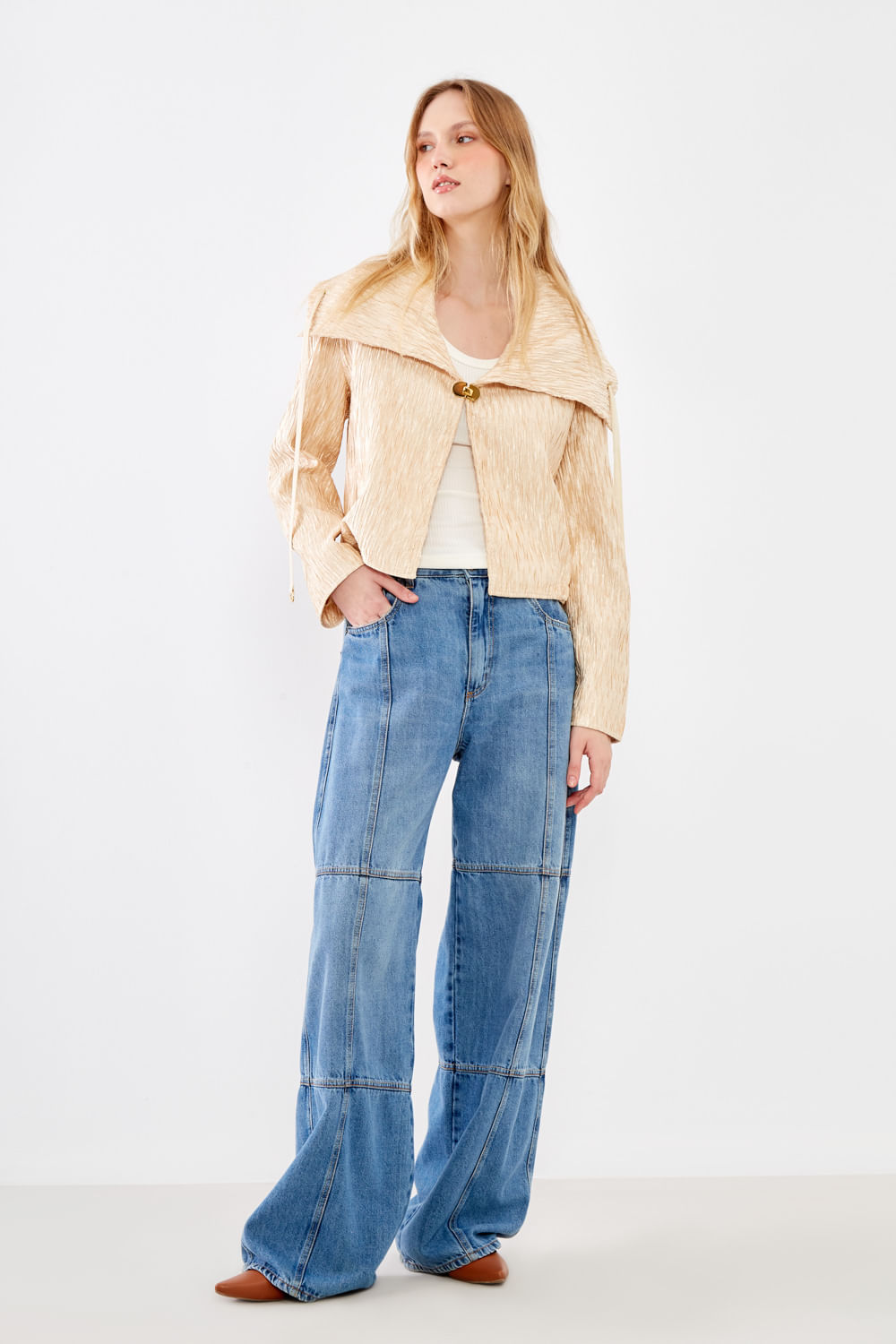 Calça Jeans Wideleg Recortes - Jeans