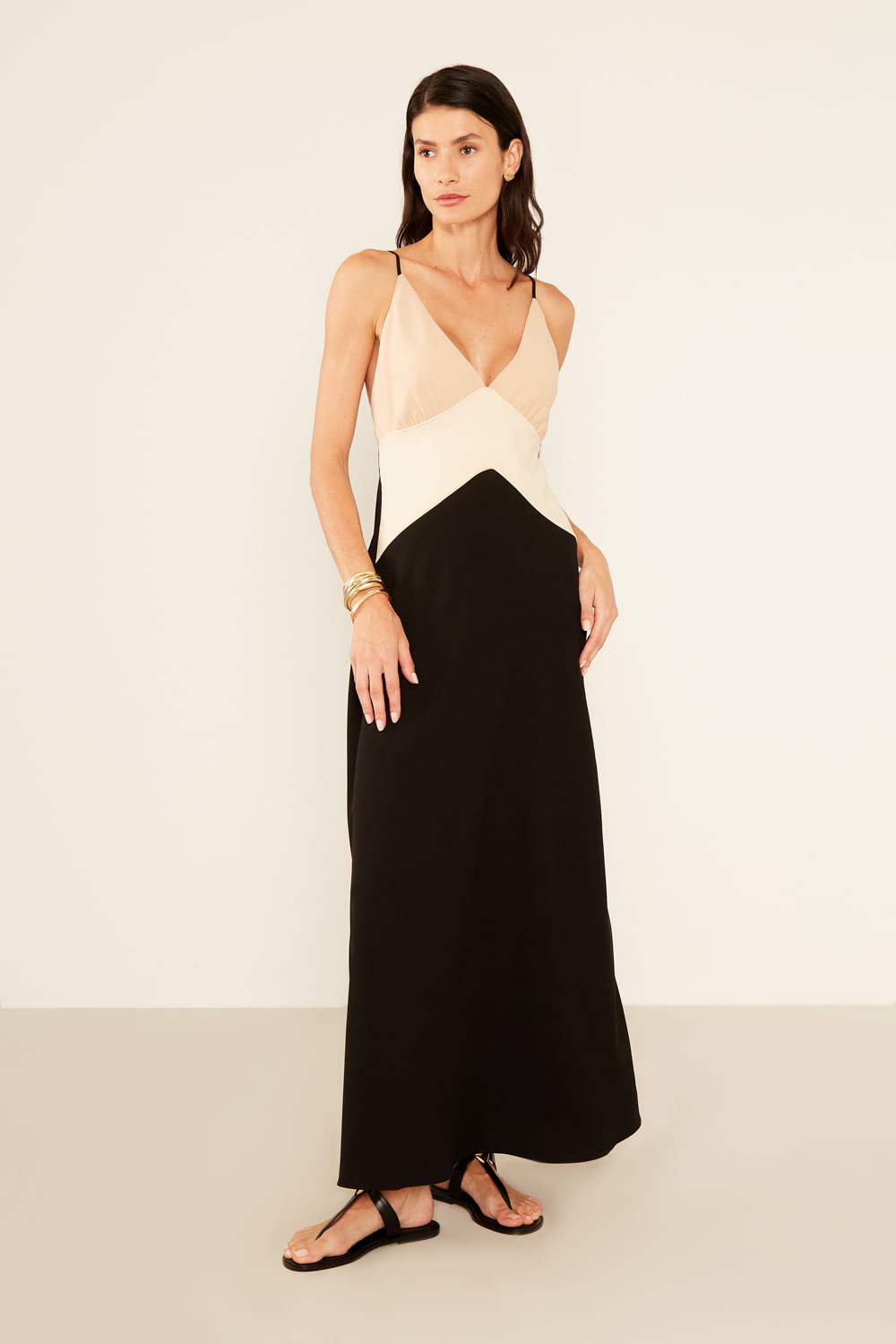 Vestido Midi Tricolor - Preto