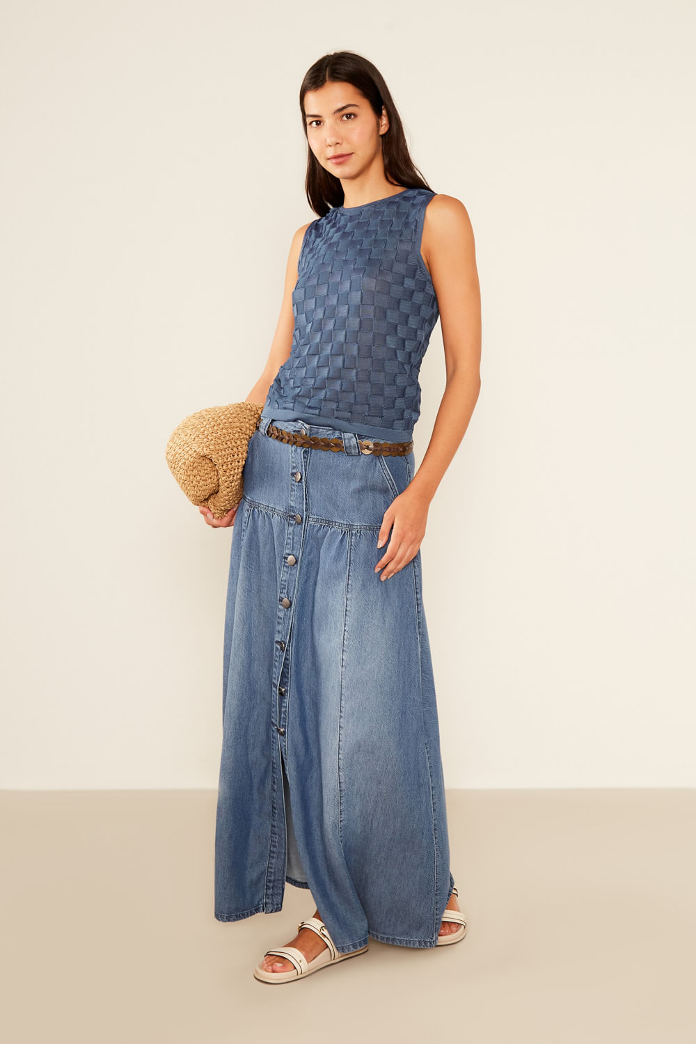 Saia Jeans Longa Bolso Aplicado - Jeans