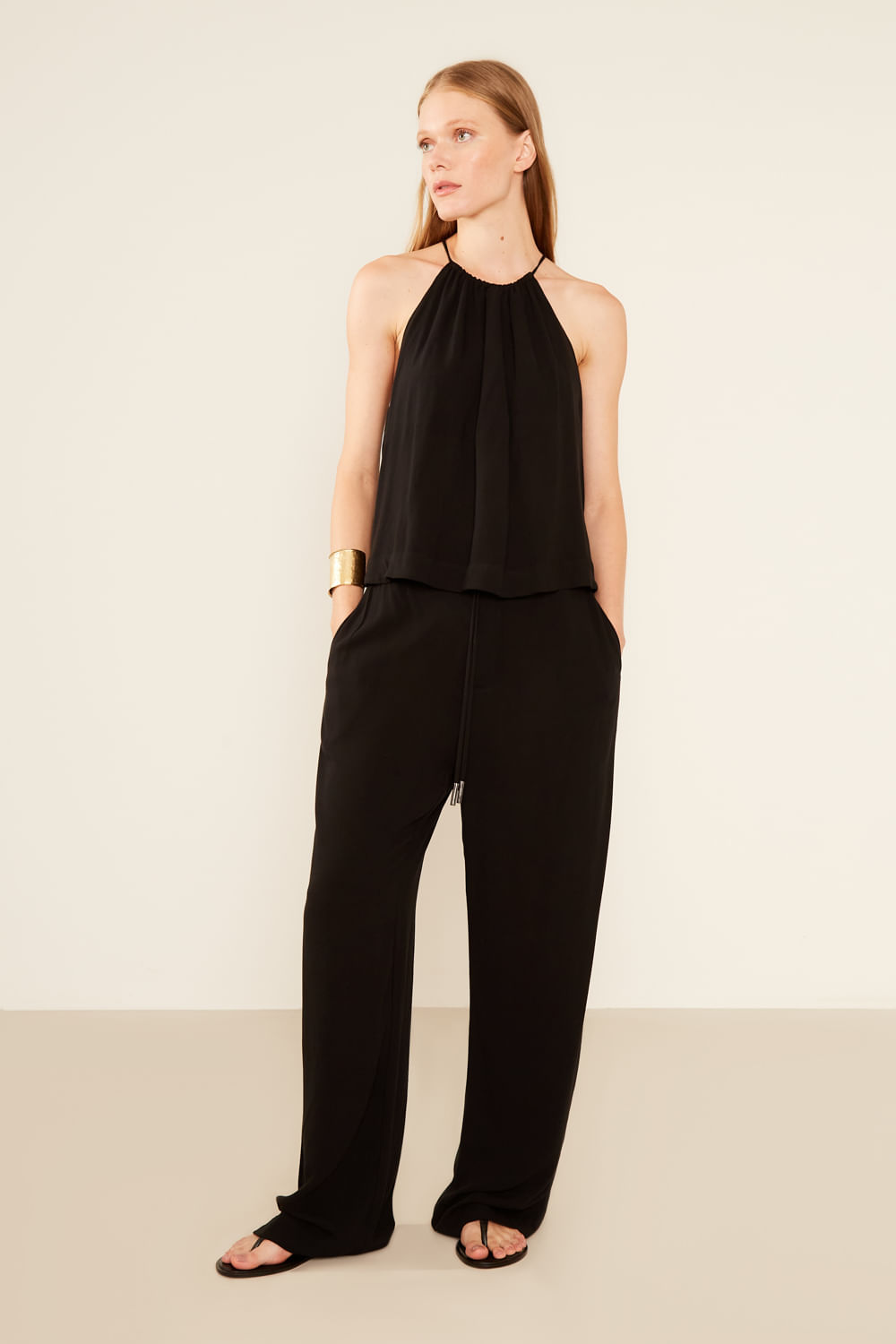 Calça Casual Detalhe Cós - Preto