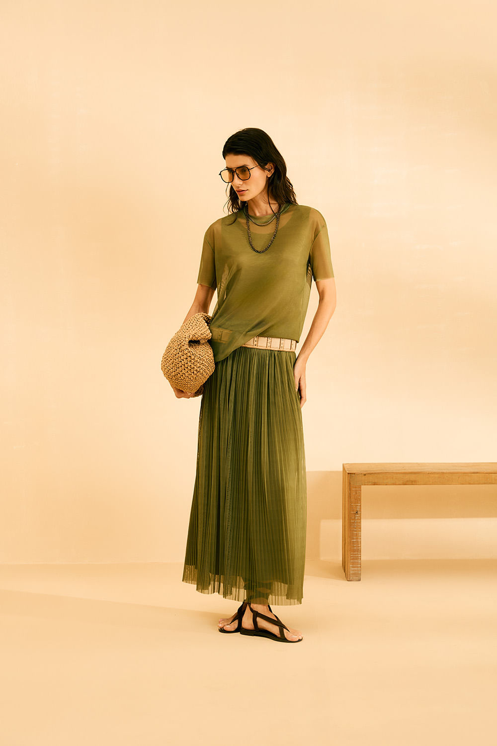 Saia Tule Plissada - Verde Ervilha