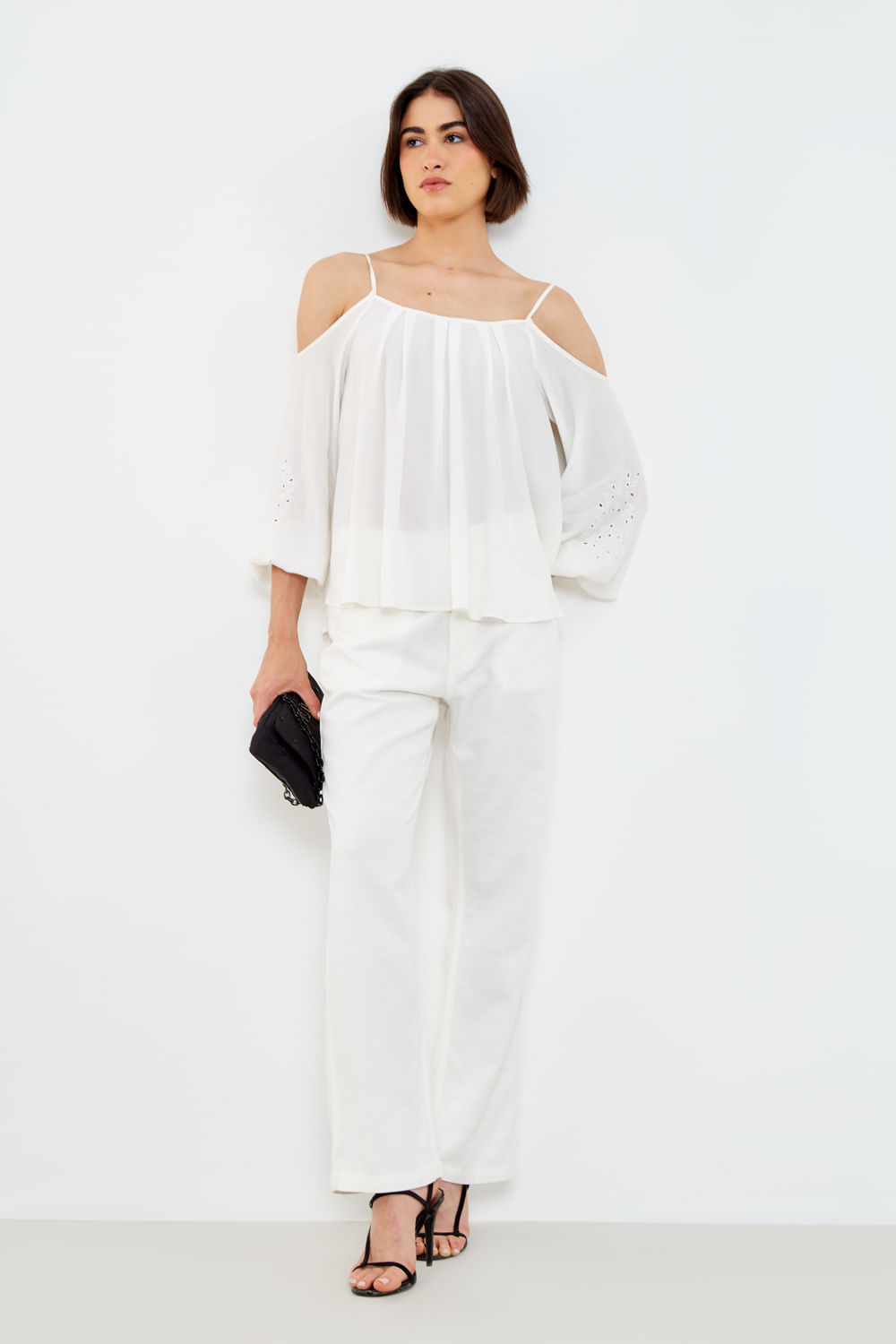 Blusa Pregas Bordado Rechilier - Branco
