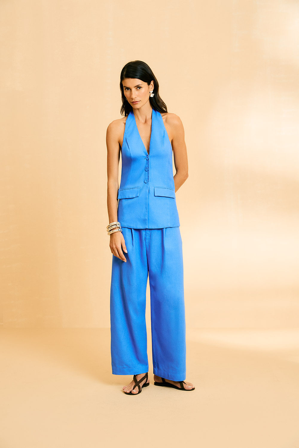 Calça Casual Cós Bolsos - Azul Marine