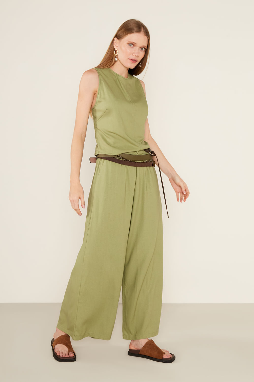 Calça Casual Linho Elástico - Verde Menta