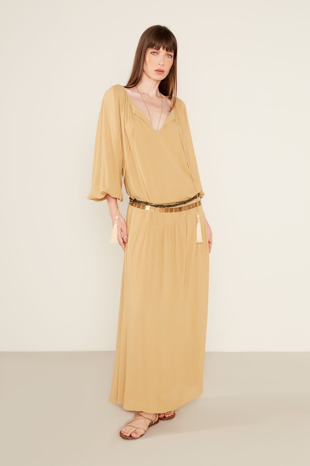 Vestido Midi Detalhe Mangas - Bege Areia