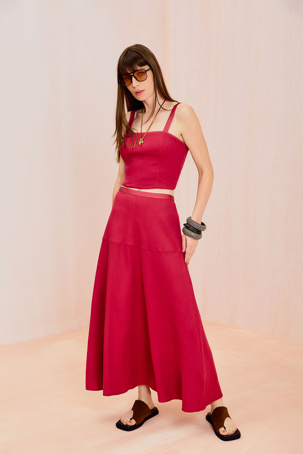 Saia Casual Linho Recorte - Vermelho Cherry