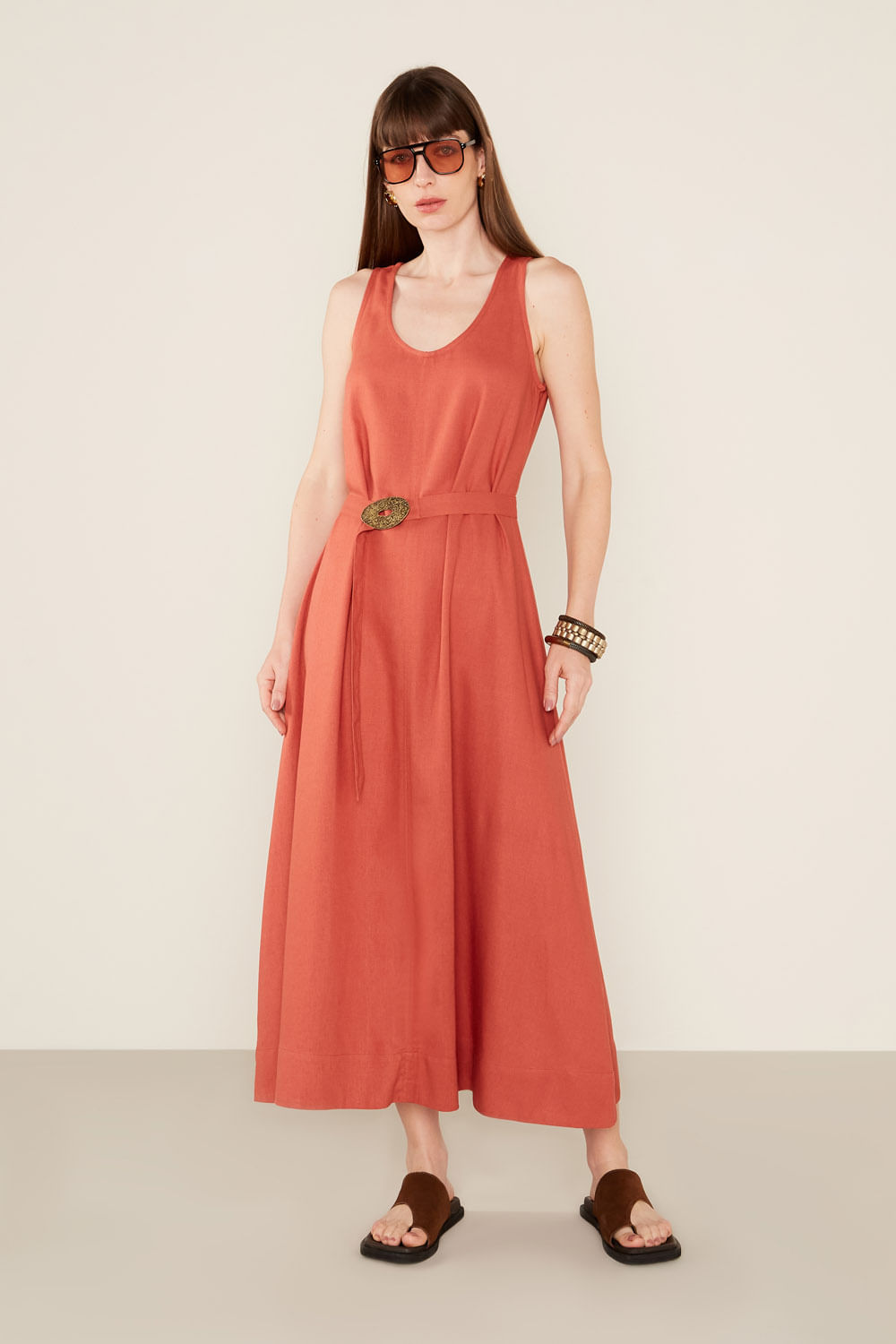 Vestido Casual Linho Cinto - Castanho