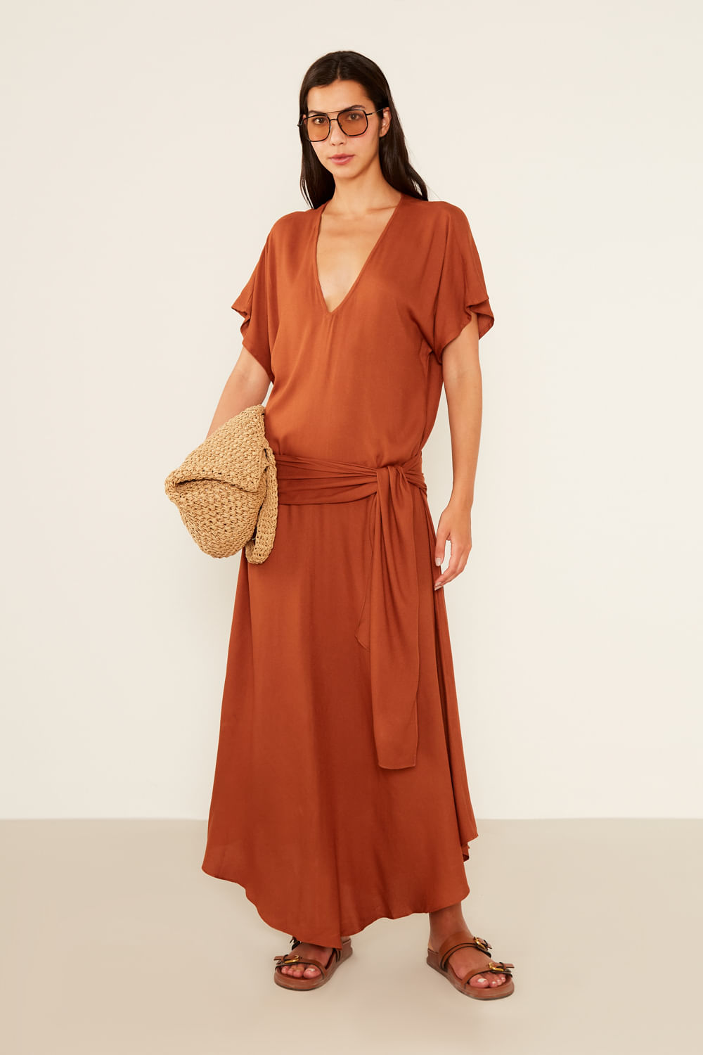 Vestido Casual Pala Amarração - Castanho