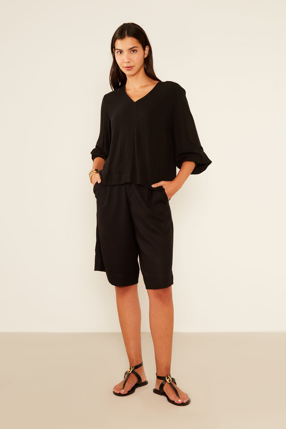 Blusa Elástico Mangas - Preto