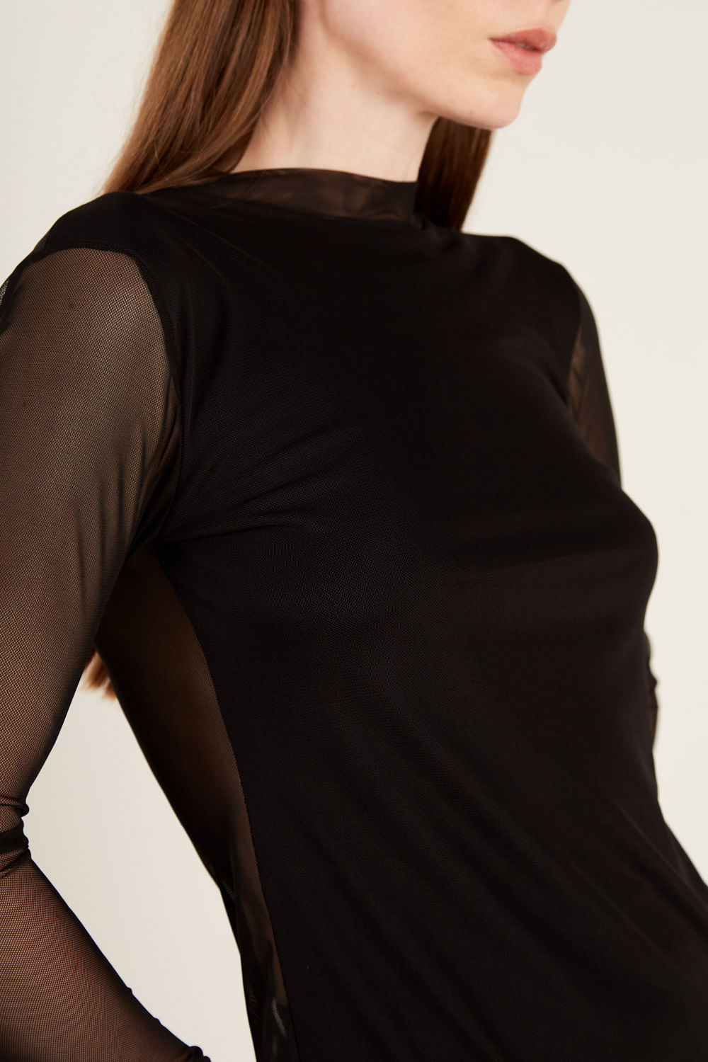 Blusa Malha Tule Manga Longa - Preto