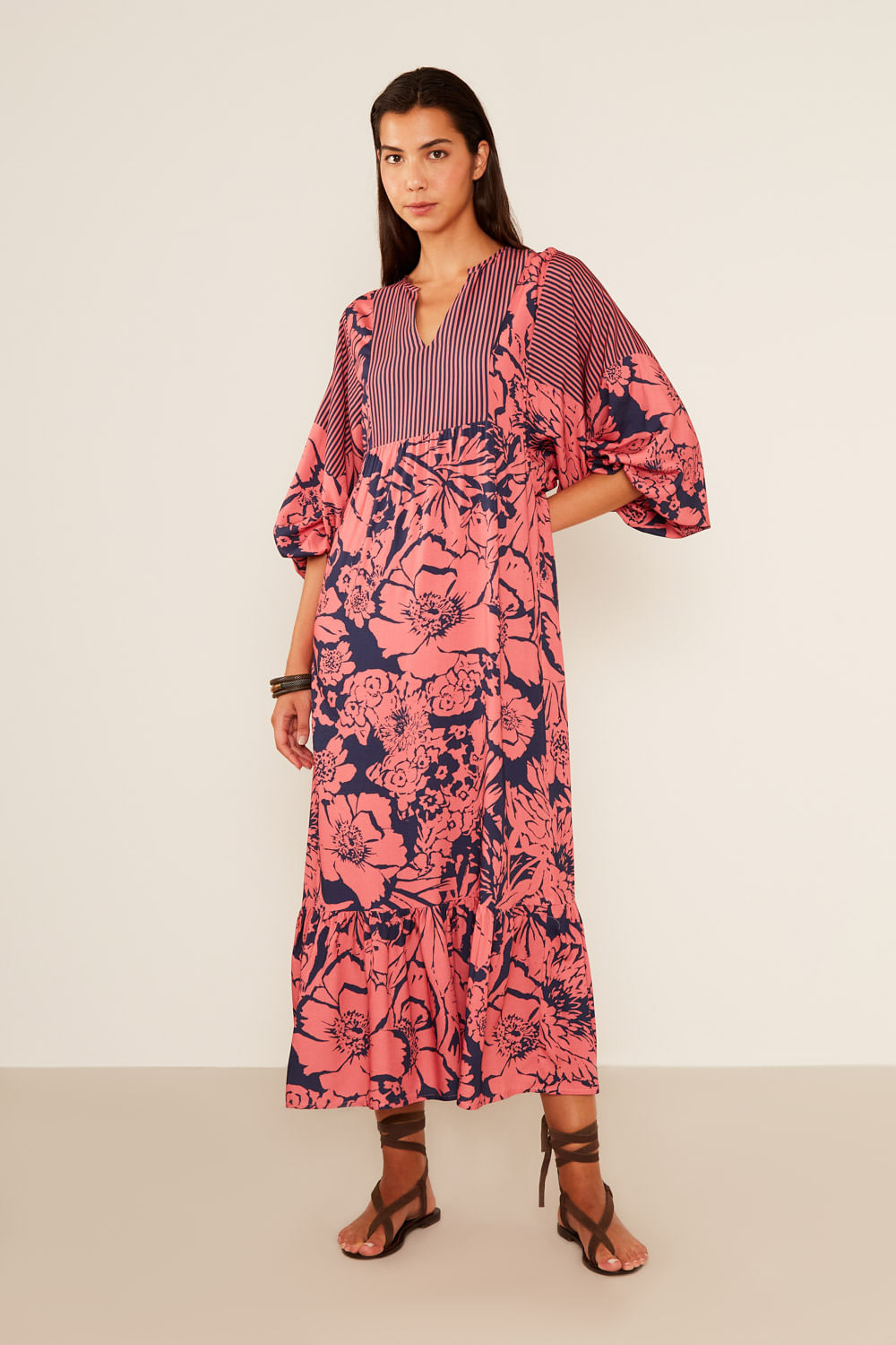 Vestido Longo Estampa Babi Rosa Mix - Est Babi Rosa