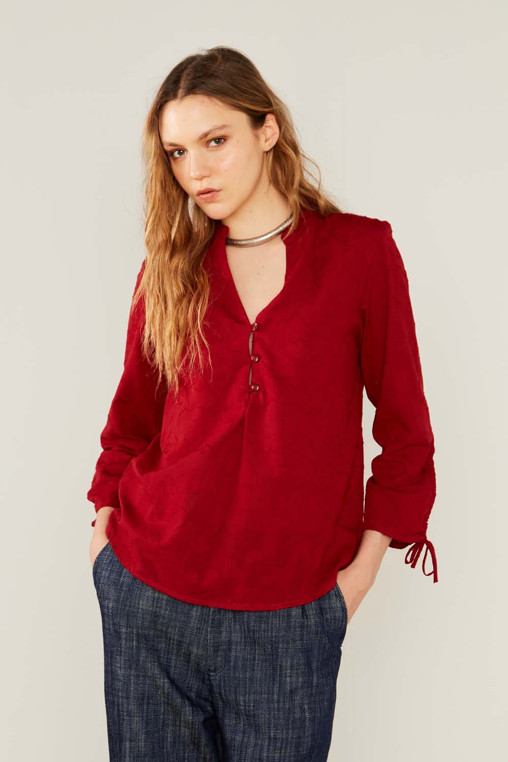 Blusa Casual Bata Textura - Grena