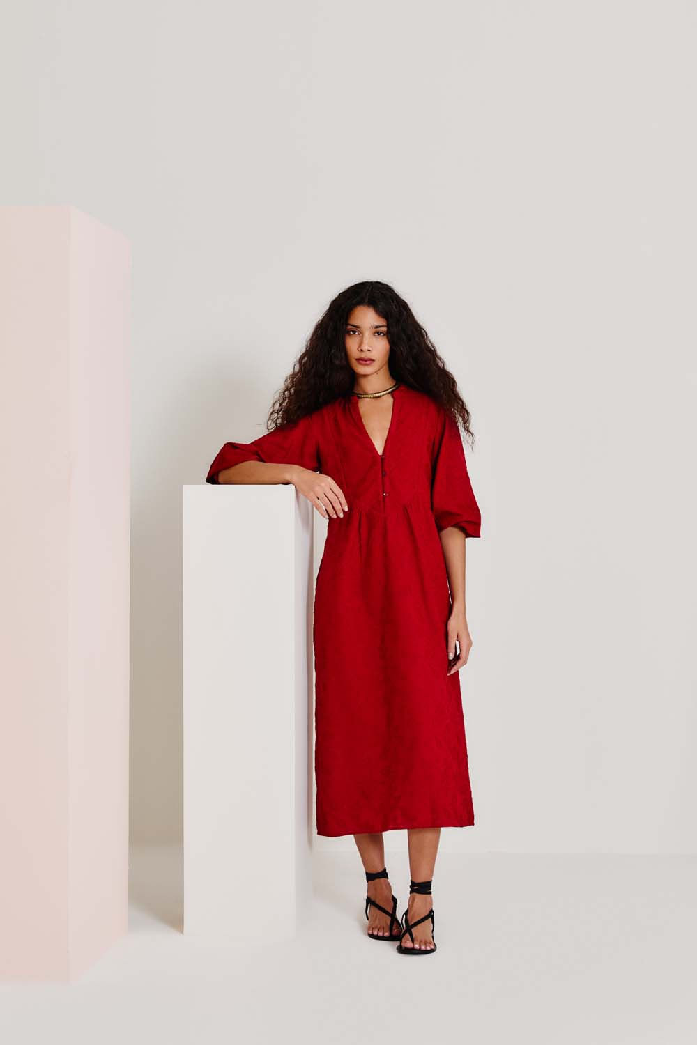 Vestido Casual Bata Textura - Grena