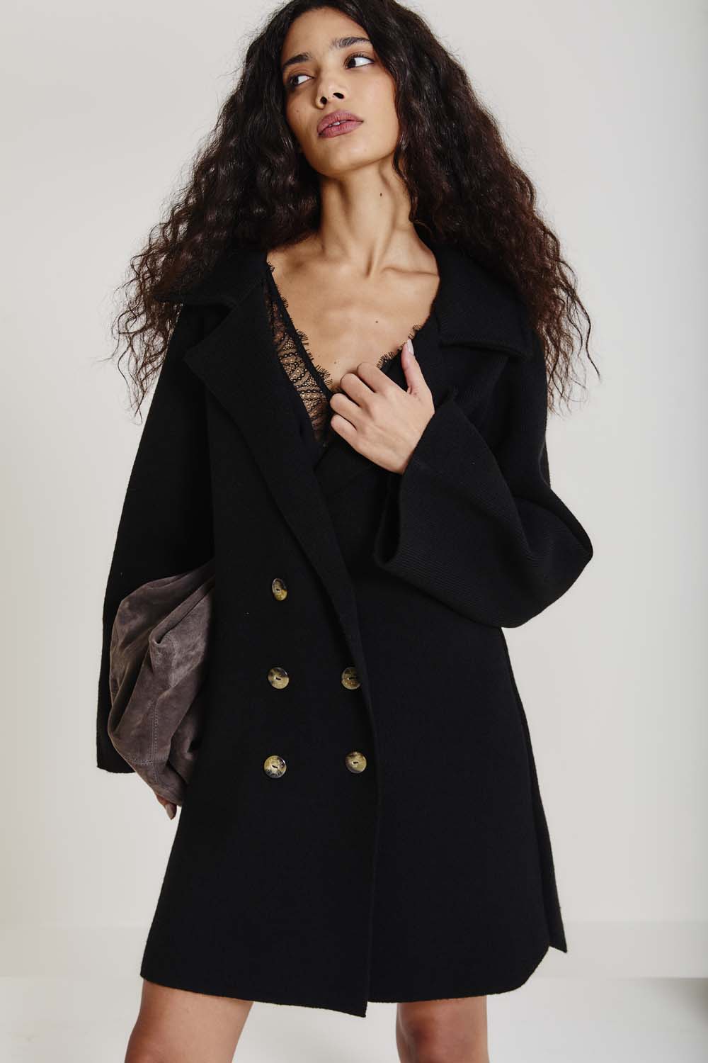 Trench Coat Tricot Botões - Preto