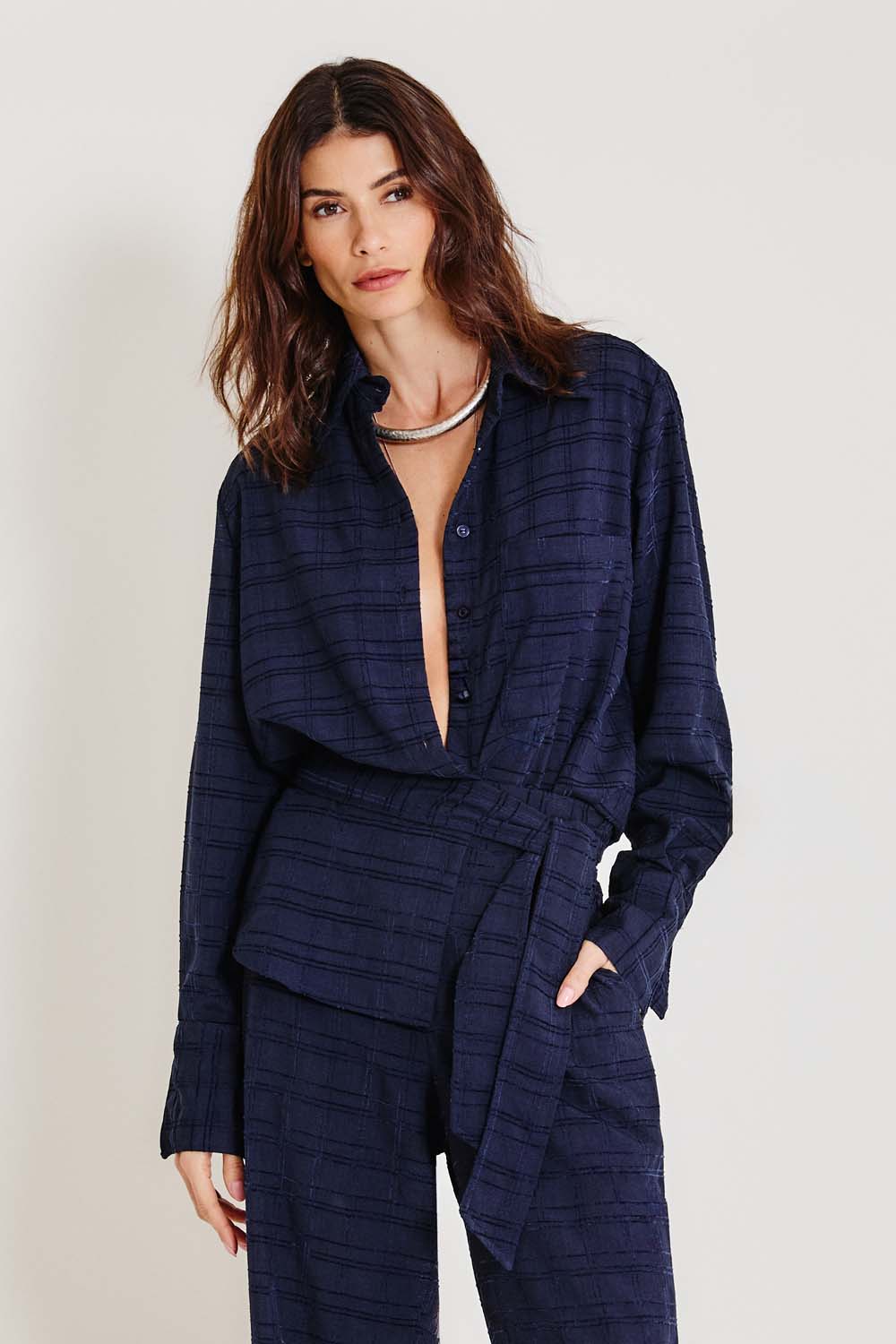 Camisa Casual Textura Xadrez - Azul Escuro