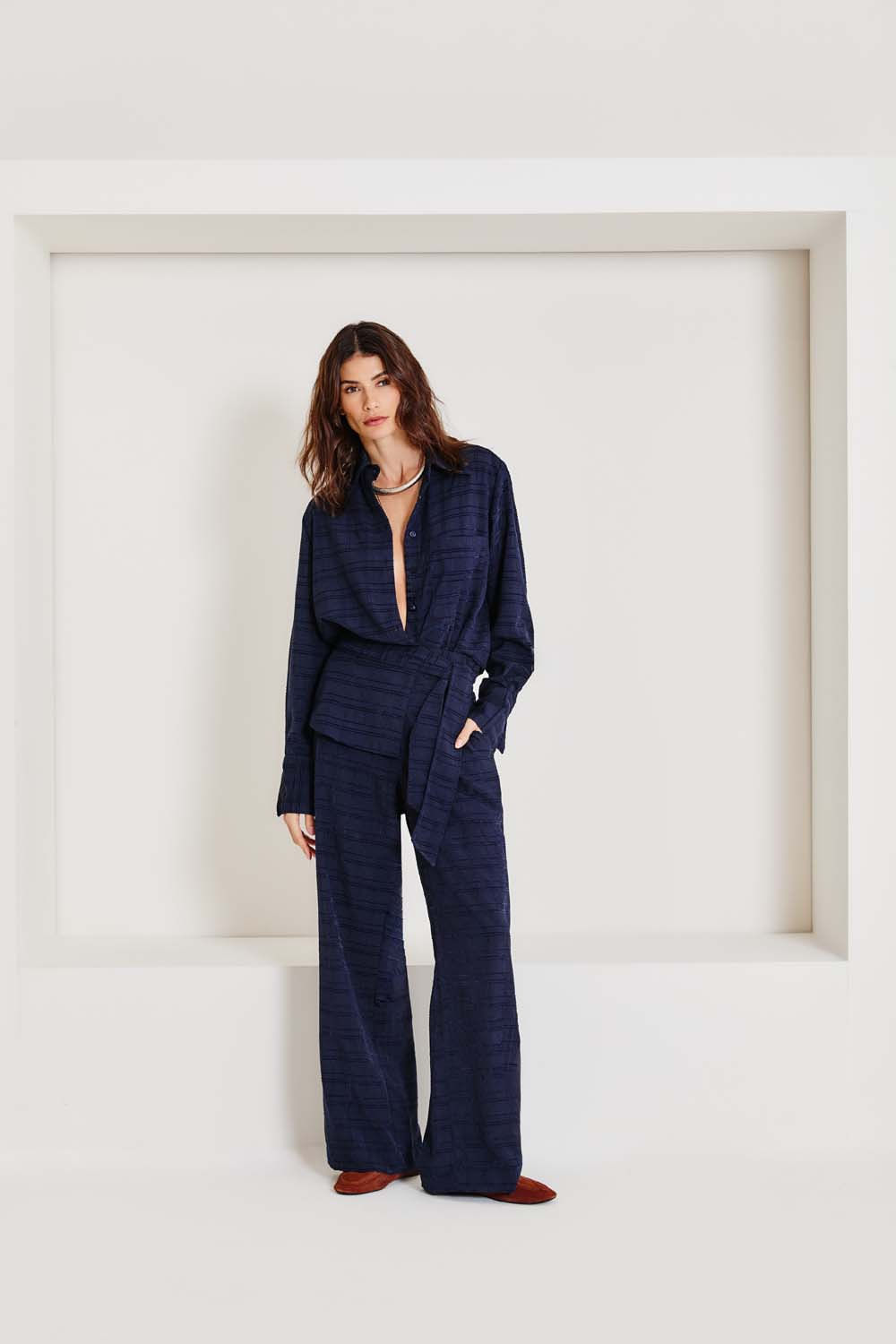 Calça Casual Textura Xadrez - Azul Escuro