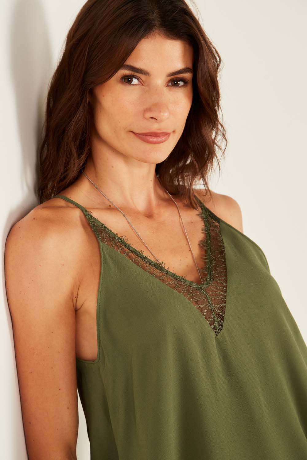 Blusa de Alça Com Renda - Verde Militar