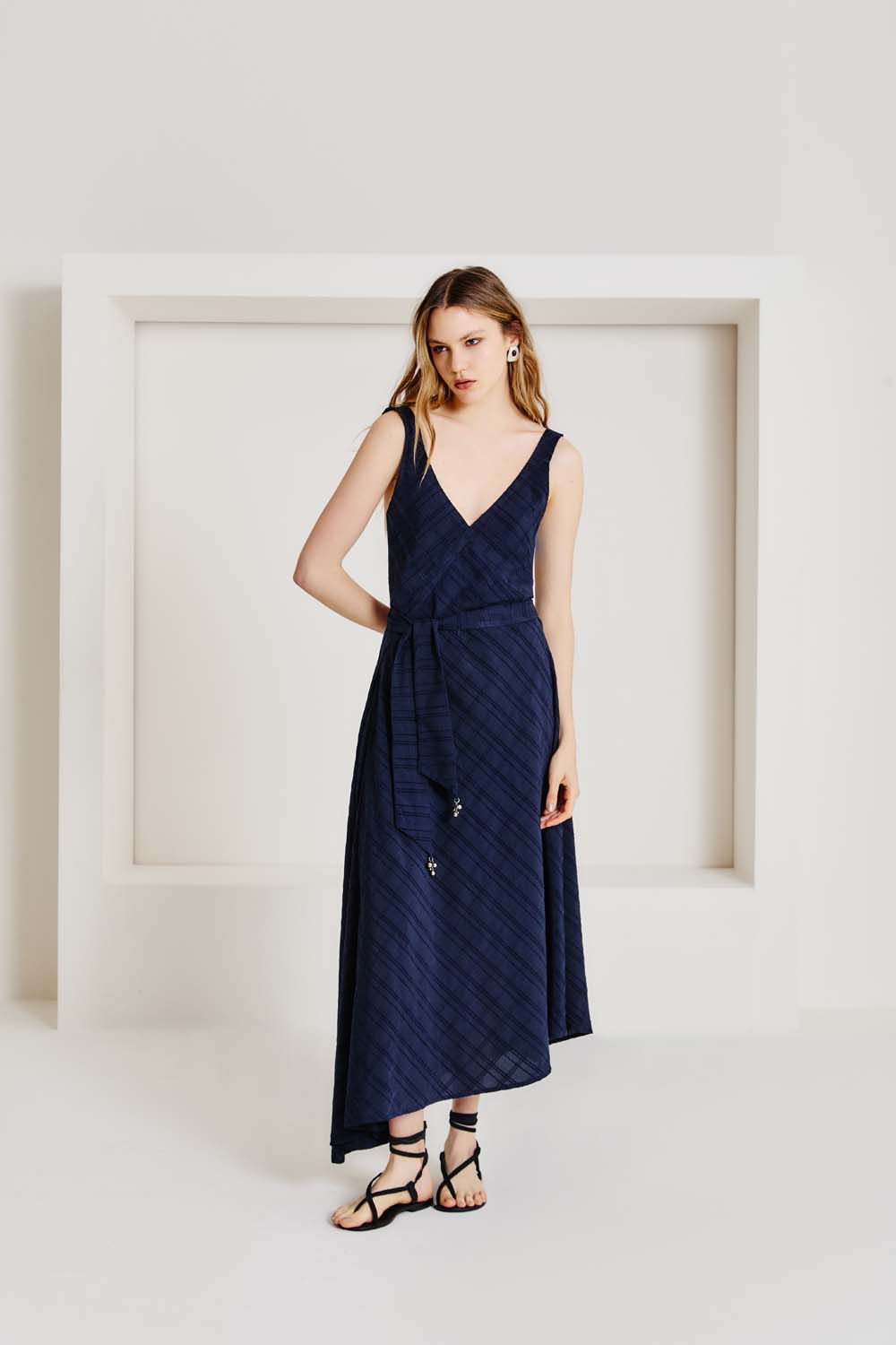 Vestido Casual Textura Xadrez - Azul Escuro